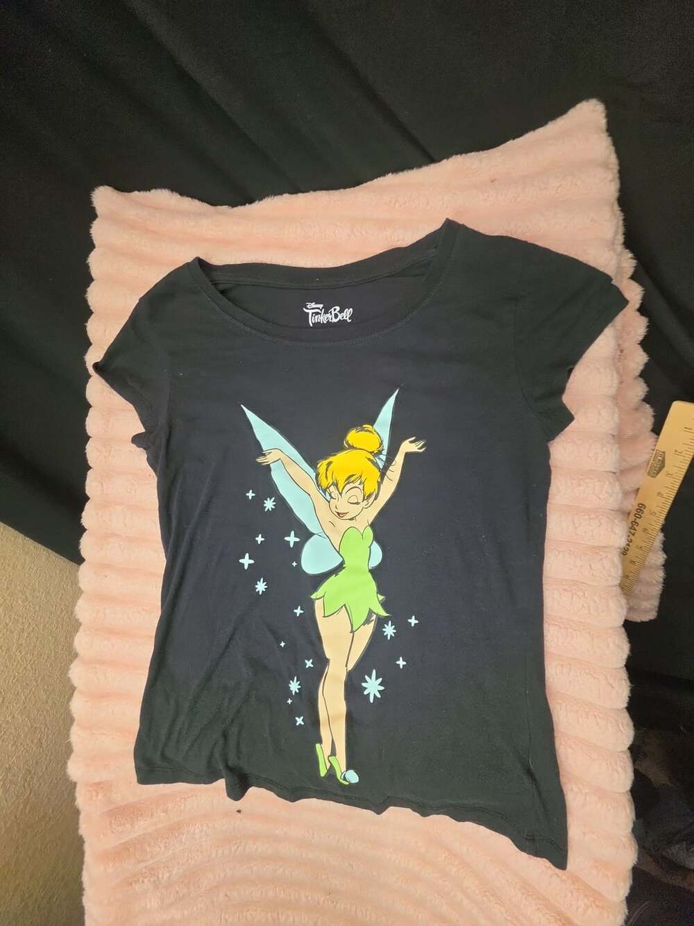 Disney Tinker Bell Graphic T-Shirt Size L Black Cotton